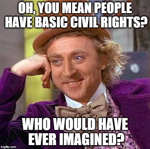 Creepy Condescending Wonka Meme | OH, YOU MEAN PEOPLE HAVE BASIC CIVIL RIGHTS? WHO WOULD HAVE EVER IMAGINED? | image tagged in memes,creepy condescending wonka | made w/ Imgflip meme maker
