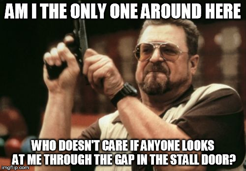 Am I The Only One Around Here | AM I THE ONLY ONE AROUND HERE WHO DOESN'T CARE IF ANYONE LOOKS AT ME THROUGH THE GAP IN THE STALL DOOR? | image tagged in memes,am i the only one around here | made w/ Imgflip meme maker