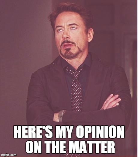 Face You Make Robert Downey Jr Meme | HERE'S MY OPINION ON THE MATTER | image tagged in memes,face you make robert downey jr | made w/ Imgflip meme maker
