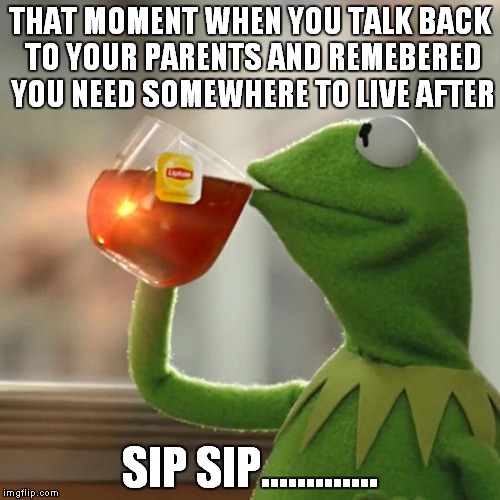But That's None Of My Business Meme | THAT MOMENT WHEN YOU TALK BACK TO YOUR PARENTS AND REMEBERED YOU NEED SOMEWHERE TO LIVE AFTER SIP SIP............. | image tagged in memes,but thats none of my business,kermit the frog | made w/ Imgflip meme maker