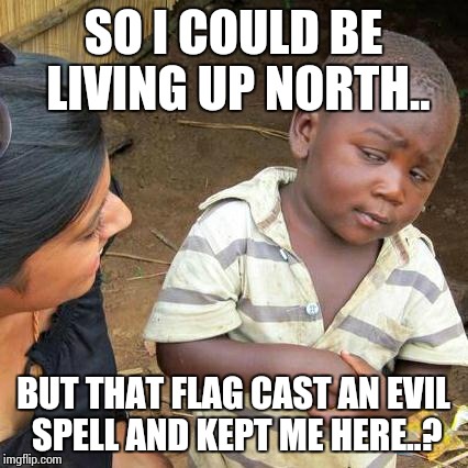 Third World Skeptical Kid Meme | SO I COULD BE LIVING UP NORTH.. BUT THAT FLAG CAST AN EVIL SPELL AND KEPT ME HERE..? | image tagged in memes,third world skeptical kid | made w/ Imgflip meme maker