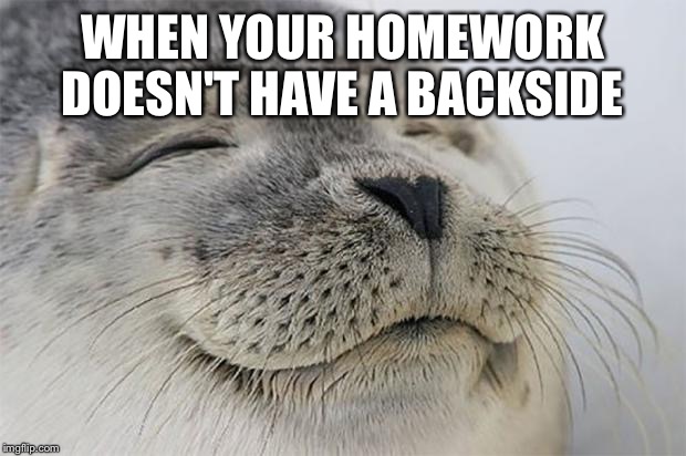 Satisfied Seal | WHEN YOUR HOMEWORK DOESN'T HAVE A BACKSIDE | image tagged in memes,satisfied seal | made w/ Imgflip meme maker