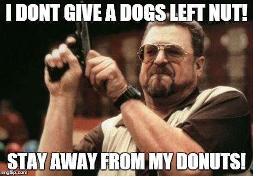 Am I The Only One Around Here Meme | I DONT GIVE A DOGS LEFT NUT! STAY AWAY FROM MY DONUTS! | image tagged in memes,am i the only one around here | made w/ Imgflip meme maker