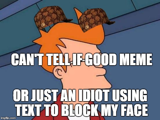 Futurama Fry | CAN'T TELL IF GOOD MEME OR JUST AN IDIOT USING TEXT TO BLOCK MY FACE | image tagged in memes,futurama fry,scumbag | made w/ Imgflip meme maker