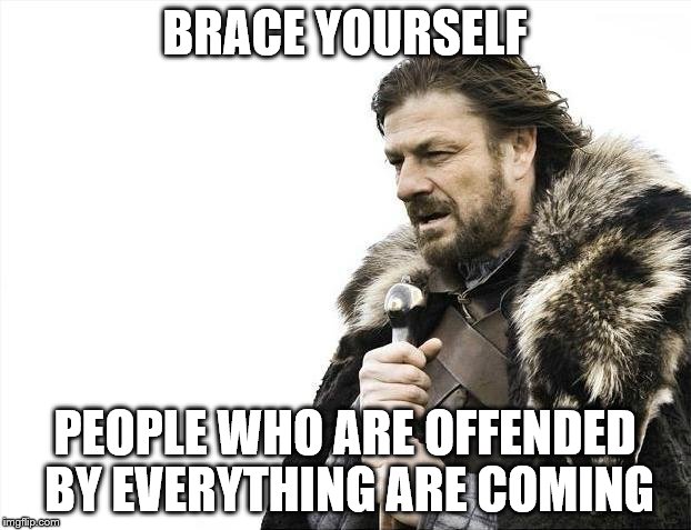 Brace Yourselves X is Coming | BRACE YOURSELF PEOPLE WHO ARE OFFENDED BY EVERYTHING ARE COMING | image tagged in memes,brace yourselves x is coming | made w/ Imgflip meme maker