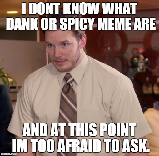 Afraid To Ask Andy Meme | I DONT KNOW WHAT DANK OR SPICY MEME ARE AND AT THIS POINT IM TOO AFRAID TO ASK. | image tagged in memes,afraid to ask andy | made w/ Imgflip meme maker