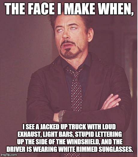 Face You Make Robert Downey Jr Meme | THE FACE I MAKE WHEN, I SEE A JACKED UP TRUCK WITH LOUD EXHAUST, LIGHT BARS, STUPID LETTERING UP THE SIDE OF THE WINDSHIELD, AND THE DRIVER  | image tagged in memes,face you make robert downey jr | made w/ Imgflip meme maker