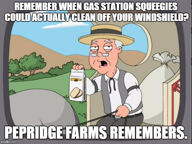 Pepridge farms | REMEMBER WHEN GAS STATION SQUEEGIES COULD ACTUALLY CLEAN OFF YOUR WINDSHIELD? PEPRIDGE FARMS REMEMBERS. | image tagged in pepridge farms | made w/ Imgflip meme maker
