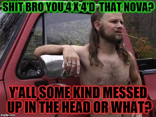 almost politically correct redneck red neck | SHIT BRO YOU 4 X 4'D  THAT NOVA? Y'ALL SOME KIND MESSED UP IN THE HEAD OR WHAT? | image tagged in almost politically correct redneck red neck | made w/ Imgflip meme maker