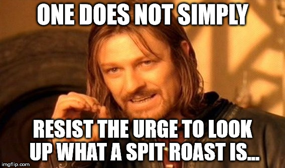 One Does Not Simply Meme | ONE DOES NOT SIMPLY RESIST THE URGE TO LOOK UP WHAT A SPIT ROAST IS... | image tagged in memes,one does not simply | made w/ Imgflip meme maker