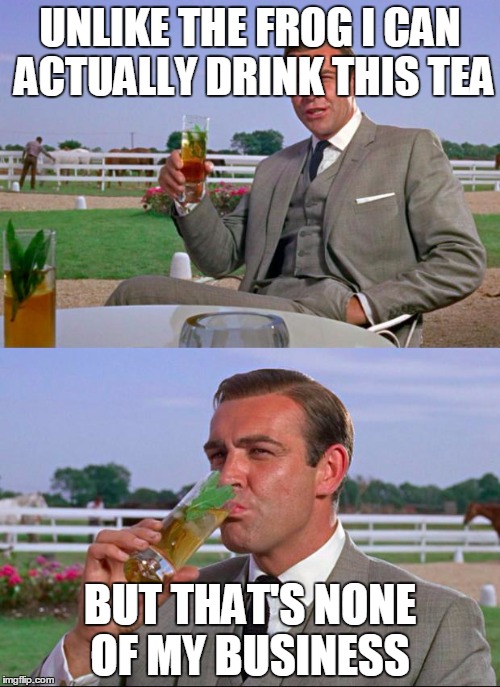 Sean Connery > Kermit | UNLIKE THE FROG I CAN ACTUALLY DRINK THIS TEA BUT THAT'S NONE OF MY BUSINESS | image tagged in sean connery  kermit | made w/ Imgflip meme maker