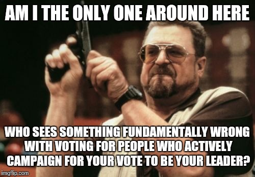 American democracy rewards those seeking power. Power hungry people are not effective leaders. | AM I THE ONLY ONE AROUND HERE WHO SEES SOMETHING FUNDAMENTALLY WRONG WITH VOTING FOR PEOPLE WHO ACTIVELY CAMPAIGN FOR YOUR VOTE TO BE YOUR L | image tagged in memes,am i the only one around here,democracy | made w/ Imgflip meme maker
