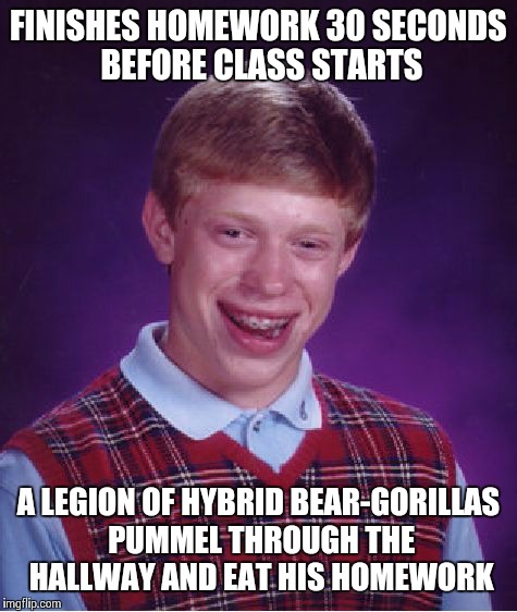 Bad Luck Brian Meme | FINISHES HOMEWORK 30 SECONDS BEFORE CLASS STARTS A LEGION OF HYBRID BEAR-GORILLAS PUMMEL THROUGH THE HALLWAY AND EAT HIS HOMEWORK | image tagged in memes,bad luck brian | made w/ Imgflip meme maker