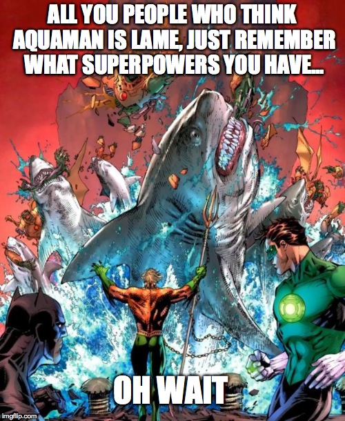 Aquaman | ALL YOU PEOPLE WHO THINK AQUAMAN IS LAME, JUST REMEMBER WHAT SUPERPOWERS YOU HAVE... OH WAIT | image tagged in aquaman | made w/ Imgflip meme maker