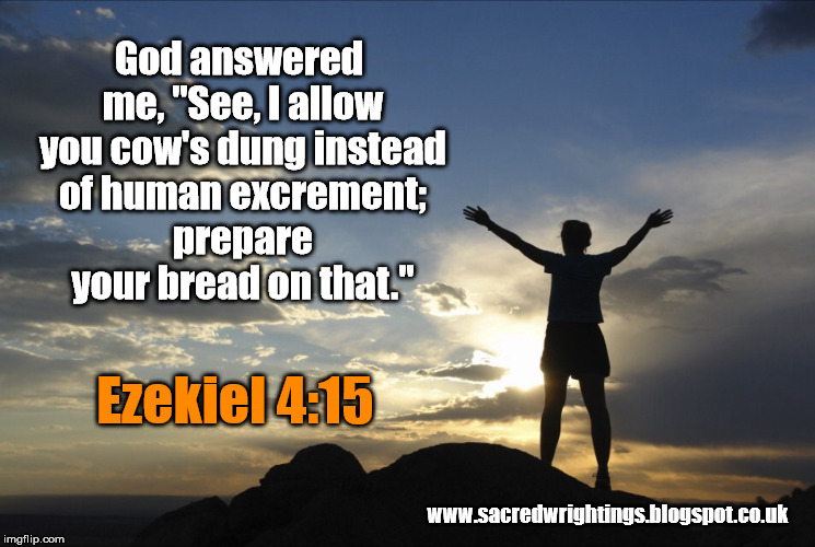 Inspirational  | God answered me, "See, I allow you cow's dung instead of human excrement; prepare your bread on that." Ezekiel 4:15 www.sacredwrightings.blo | image tagged in inspirational  | made w/ Imgflip meme maker