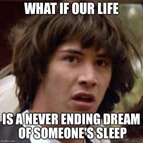Conspiracy Keanu | WHAT IF OUR LIFE IS A NEVER ENDING DREAM OF SOMEONE'S SLEEP | image tagged in memes,conspiracy keanu | made w/ Imgflip meme maker
