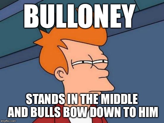 Futurama Fry Meme | BULLONEY STANDS IN THE MIDDLE AND BULLS BOW DOWN TO HIM | image tagged in memes,futurama fry | made w/ Imgflip meme maker