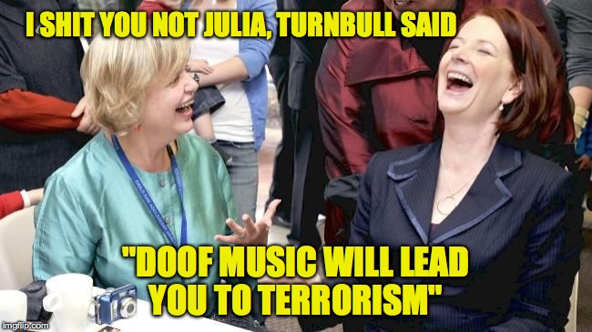 I shit you not Julia | I SHIT YOU NOT JULIA, TURNBULL SAID "DOOF MUSIC WILL LEAD YOU TO TERRORISM" | image tagged in i shit you not julia | made w/ Imgflip meme maker