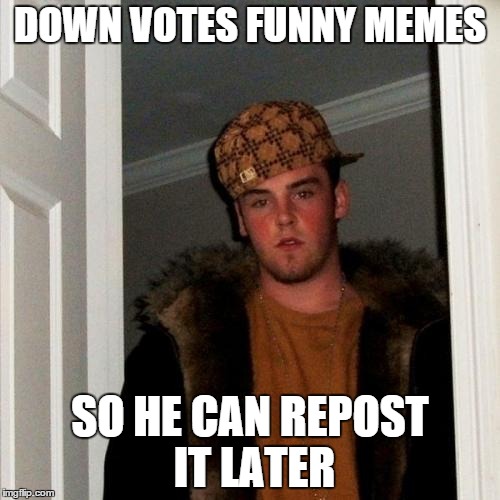 Scumbag Steve | DOWN VOTES FUNNY MEMES SO HE CAN REPOST IT LATER | image tagged in memes,scumbag steve | made w/ Imgflip meme maker