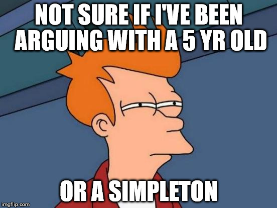 Futurama Fry Meme | NOT SURE IF I'VE BEEN ARGUING WITH A 5 YR OLD OR A SIMPLETON | image tagged in memes,futurama fry | made w/ Imgflip meme maker