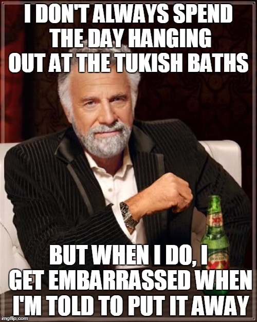 The Most Interesting Man In The World | I DON'T ALWAYS SPEND THE DAY HANGING OUT AT THE TUKISH BATHS BUT WHEN I DO, I GET EMBARRASSED WHEN I'M TOLD TO PUT IT AWAY | image tagged in memes,the most interesting man in the world | made w/ Imgflip meme maker
