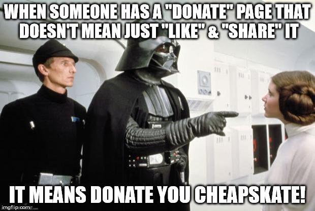 Vader scolds Leia | WHEN SOMEONE HAS A "DONATE" PAGE THAT DOESN'T MEAN JUST "LIKE" & "SHARE" IT IT MEANS DONATE YOU CHEAPSKATE! | image tagged in vader scolds leia | made w/ Imgflip meme maker