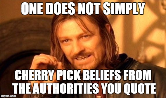 One Does Not Simply Meme | ONE DOES NOT SIMPLY CHERRY PICK BELIEFS FROM THE AUTHORITIES YOU QUOTE | image tagged in memes,one does not simply | made w/ Imgflip meme maker