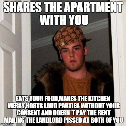 College nostalgia... | SHARES THE APARTMENT WITH YOU EATS YOUR FOOD,MAKES THE KITCHEN MESSY,HOSTS LOUD PARTIES WITHOUT YOUR CONSENT AND DOESN`T PAY THE RENT MAKING | image tagged in memes,scumbag steve | made w/ Imgflip meme maker