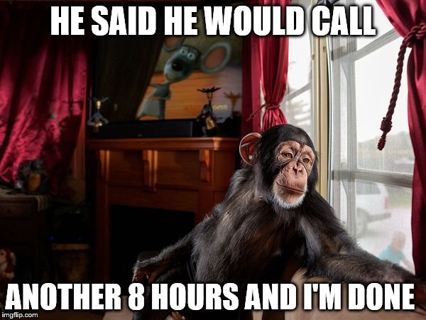 Lonely | HE SAID HE WOULD CALL ANOTHER 8 HOURS AND I'M DONE | image tagged in forever alone | made w/ Imgflip meme maker