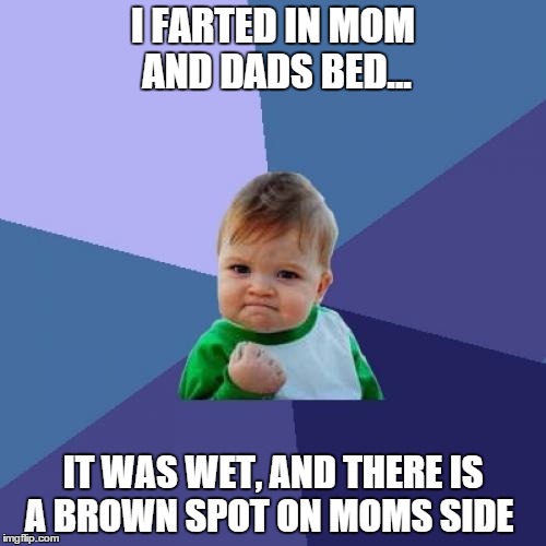 Success Kid Meme | I FARTED IN MOM AND DADS BED... IT WAS WET, AND THERE IS A BROWN SPOT ON MOMS SIDE | image tagged in memes,success kid | made w/ Imgflip meme maker