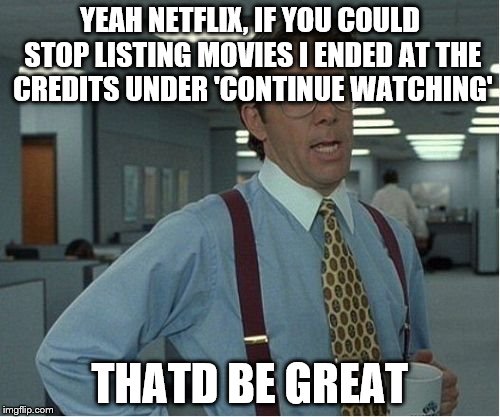 Thatd Be Great | YEAH NETFLIX, IF YOU COULD STOP LISTING MOVIES I ENDED AT THE CREDITS UNDER 'CONTINUE WATCHING' THATD BE GREAT | image tagged in thatd be great | made w/ Imgflip meme maker