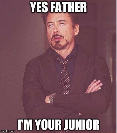 Good boy... | YES FATHER I'M YOUR JUNIOR | image tagged in memes,face you make robert downey jr | made w/ Imgflip meme maker