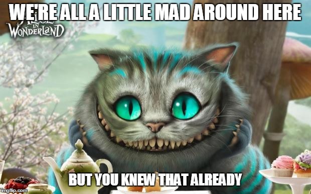Cheshire Cat | WE'RE ALL A LITTLE MAD AROUND HERE BUT YOU KNEW THAT ALREADY | image tagged in cheshire cat | made w/ Imgflip meme maker