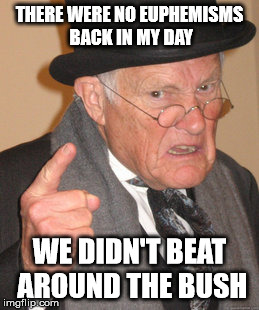 Back In My Day | THERE WERE NO EUPHEMISMS BACK IN MY DAY WE DIDN'T BEAT AROUND THE BUSH | image tagged in memes,back in my day | made w/ Imgflip meme maker