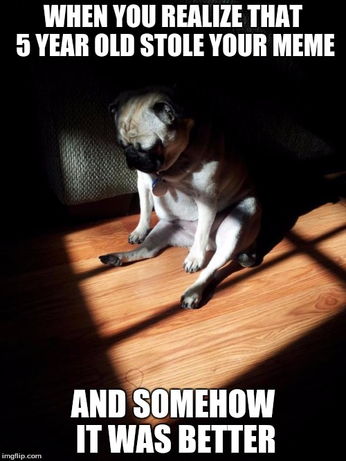 Depressed Pug | WHEN YOU REALIZE THAT 5 YEAR OLD STOLE YOUR MEME AND SOMEHOW IT WAS BETTER | image tagged in depressed pug | made w/ Imgflip meme maker