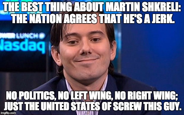 Martin Shkreli | THE BEST THING ABOUT MARTIN SHKRELI: THE NATION AGREES THAT HE'S A JERK. NO POLITICS, NO LEFT WING, NO RIGHT WING; JUST THE UNITED STATES OF | image tagged in martin shkreli | made w/ Imgflip meme maker