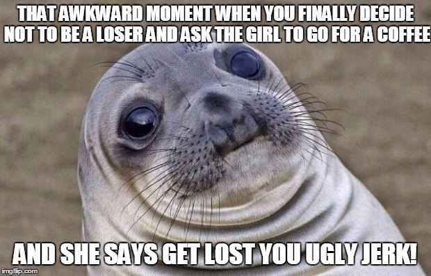 Awkward Moment Sealion | THAT AWKWARD MOMENT WHEN YOU FINALLY DECIDE NOT TO BE A LOSER AND ASK THE GIRL TO GO FOR A COFFEE AND SHE SAYS GET LOST YOU UGLY JERK! | image tagged in memes,awkward moment sealion | made w/ Imgflip meme maker