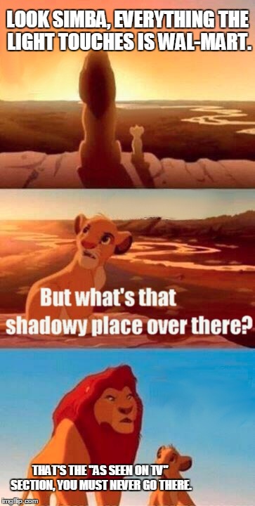 Simba Shadowy Place Meme | LOOK SIMBA, EVERYTHING THE LIGHT TOUCHES IS WAL-MART. THAT'S THE "AS SEEN ON TV" SECTION, YOU MUST NEVER GO THERE. | image tagged in memes,simba shadowy place | made w/ Imgflip meme maker