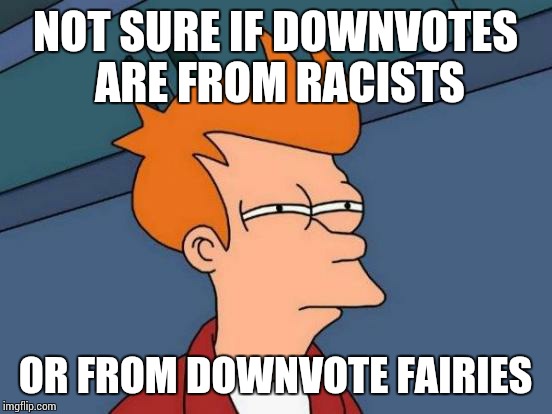Futurama Fry Meme | NOT SURE IF DOWNVOTES ARE FROM RACISTS OR FROM DOWNVOTE FAIRIES | image tagged in memes,futurama fry | made w/ Imgflip meme maker