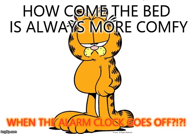 HOW COME THE BED IS ALWAYS MORE COMFY WHEN THE ALARM CLOCK GOES OFF?!?! | image tagged in garfield | made w/ Imgflip meme maker