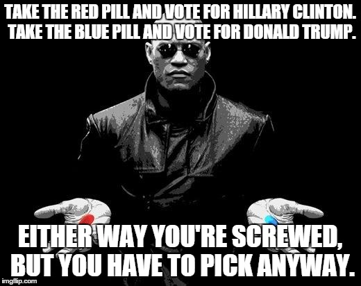 Matrix Morpheus Offer | TAKE THE RED PILL AND VOTE FOR HILLARY CLINTON. TAKE THE BLUE PILL AND VOTE FOR DONALD TRUMP. EITHER WAY YOU'RE SCREWED, BUT YOU HAVE TO PIC | image tagged in matrix morpheus offer | made w/ Imgflip meme maker
