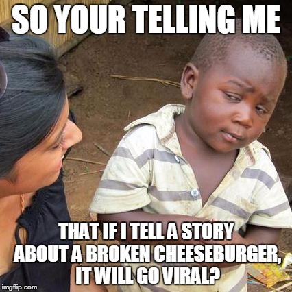Third World Skeptical Kid Meme | SO YOUR TELLING ME THAT IF I TELL A STORY ABOUT A BROKEN CHEESEBURGER, IT WILL GO VIRAL? | image tagged in memes,third world skeptical kid | made w/ Imgflip meme maker