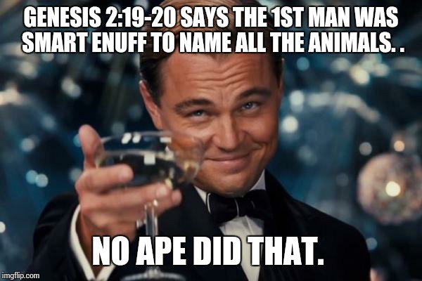 Leonardo Dicaprio Cheers Meme | GENESIS 2:19-20 SAYS THE 1ST MAN WAS SMART ENUFF TO NAME ALL THE ANIMALS. . NO APE DID THAT. | image tagged in memes,leonardo dicaprio cheers | made w/ Imgflip meme maker