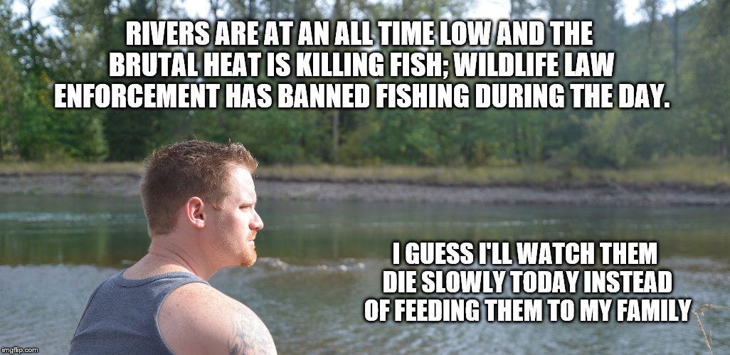 RIVERS ARE AT AN ALL TIME LOW AND THE BRUTAL HEAT IS KILLING FISH; WILDLIFE LAW ENFORCEMENT HAS BANNED FISHING DURING THE DAY. I GUESS I'LL  | image tagged in fishing,river fishing,fly fishing | made w/ Imgflip meme maker