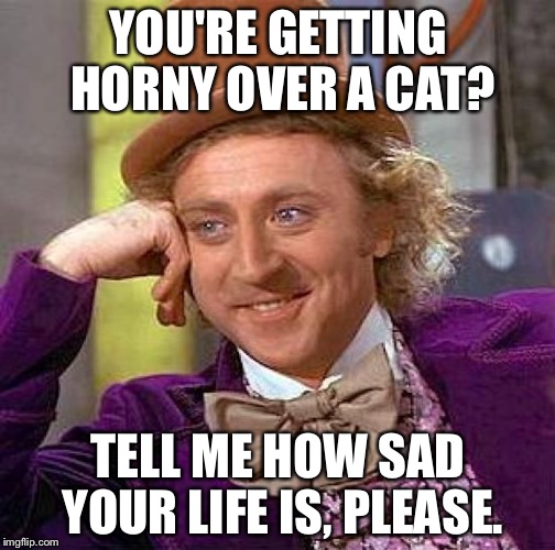 Creepy Condescending Wonka Meme | YOU'RE GETTING HORNY OVER A CAT? TELL ME HOW SAD YOUR LIFE IS, PLEASE. | image tagged in memes,creepy condescending wonka | made w/ Imgflip meme maker