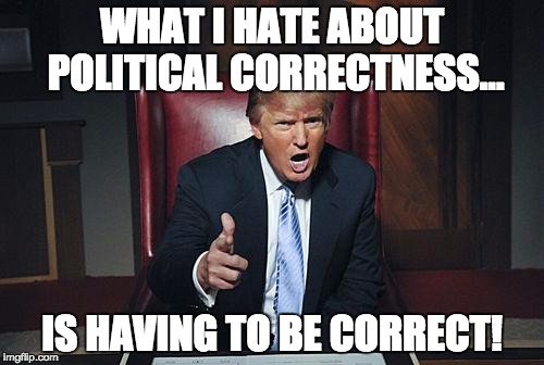 Donald Trump You're Fired | WHAT I HATE ABOUT POLITICAL CORRECTNESS… IS HAVING TO BE CORRECT! | image tagged in donald trump you're fired | made w/ Imgflip meme maker