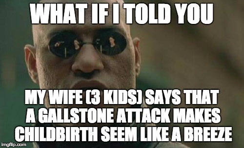Matrix Morpheus Meme | WHAT IF I TOLD YOU MY WIFE (3 KIDS) SAYS THAT A GALLSTONE ATTACK MAKES CHILDBIRTH SEEM LIKE A BREEZE | image tagged in memes,matrix morpheus | made w/ Imgflip meme maker