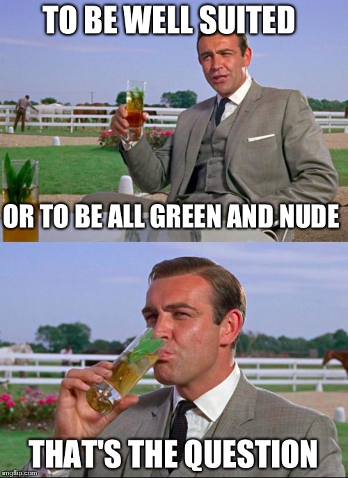 Sean | TO BE WELL SUITED THAT'S THE QUESTION OR TO BE ALL GREEN AND NUDE | image tagged in sean | made w/ Imgflip meme maker