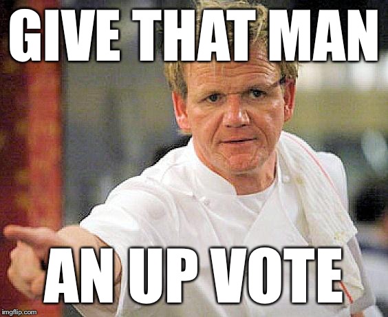 ramsay pointing | GIVE THAT MAN AN UP VOTE | image tagged in ramsay pointing | made w/ Imgflip meme maker