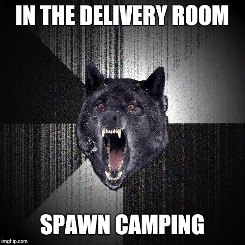 Insanity Wolf | IN THE DELIVERY ROOM SPAWN CAMPING | image tagged in memes,insanity wolf | made w/ Imgflip meme maker